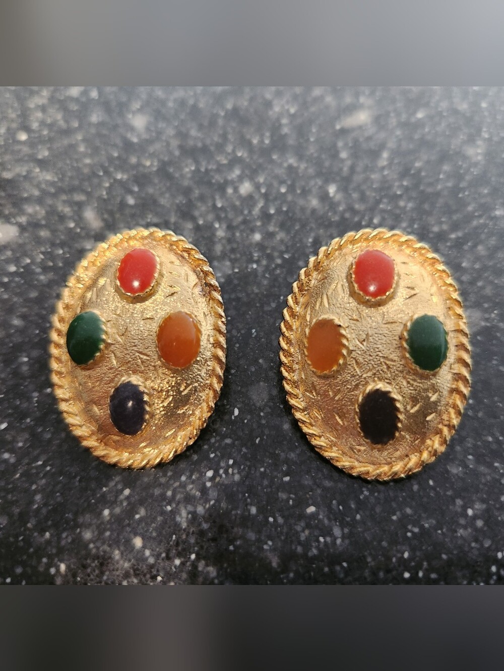 Vintage Egyptian Revival Gold-Tone Multicolor Oval Post  Earrings